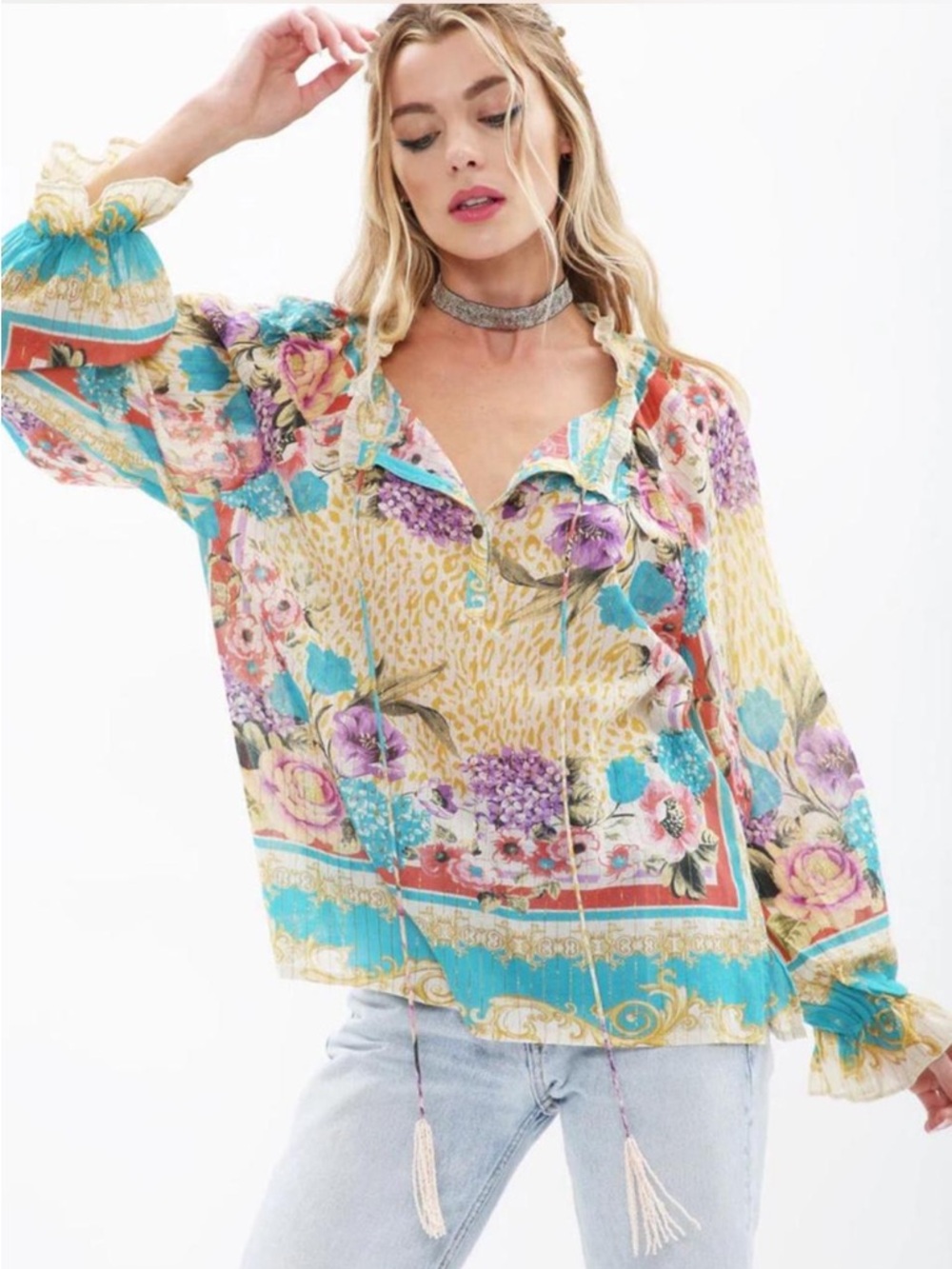 Aratta Artisan Leopard Floral Blouse, XL